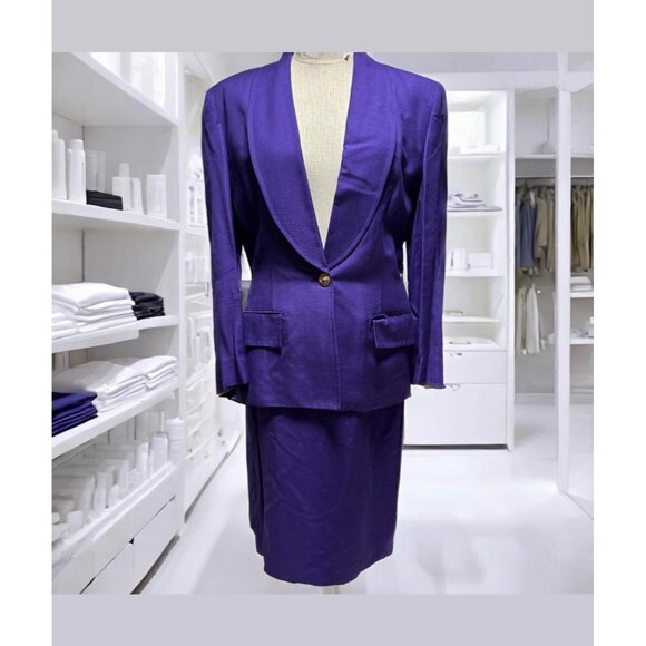 Vintage 1980s Christian Dior Purple Power Suit Women’s Size 16 Blazer Skirt Set - Picture 2 of 16